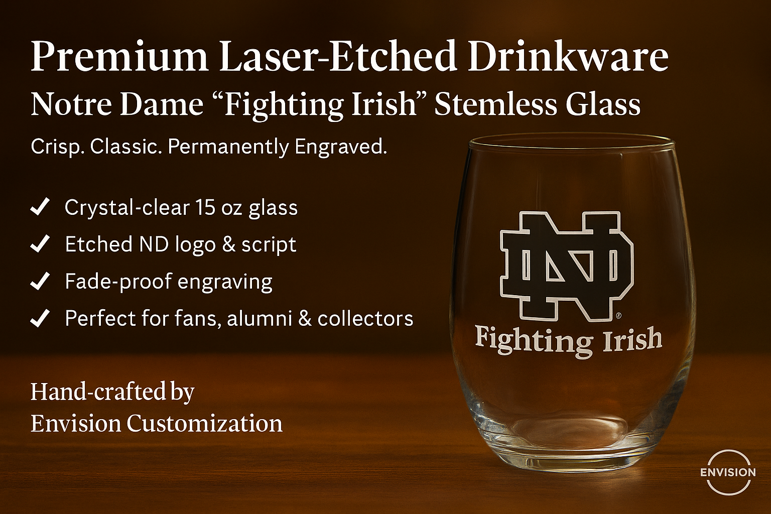 Notre Dame Fighting Irish Etched Glass – Premium Laser-Engraved Stemless Glass